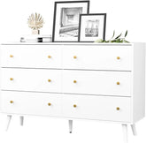 White Dresser for Bedroom, Modern 6 Drawer Dresser, Wide Chest of Drawers with Gold Handles, Hallway