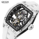 Men's Automatic Mechanical Watch with Stainless Steel Case Silicone Band Skeleton Dial Waterproof Sport Wristwatch