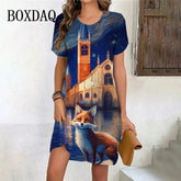 Vintage Fox Pattern Print Dresses Women Oversized Clothing Summer Female Short Sleeve Mini Dress Casual Funny Animals Fox Dress