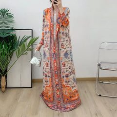 abaya long trench coat miyake women's Arab style elegant wrinkled loose large size printed Middle East cardigan robe tide