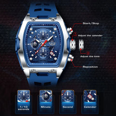 Men Luxury Silicone Sport Square Chronograph Watch Fashion Business Waterproof Quartz Wristwatch