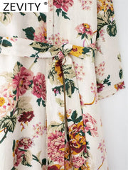 Zevity 2024 New Women Vintage Floral Print Bow Sashes Shirt Midi Dress Female Chic Turn Down Collar Casual Slim Vestidos DS6238