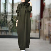 Women's Muslim Hoodie Solid Color Long Sleeve Casual Loose Dress Maxi Abaya Ghirba Dress Long Sweatshirt Vestidos Robe