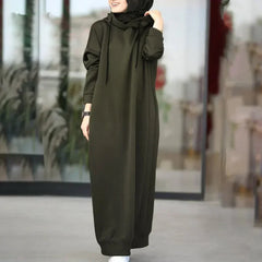 Women's Muslim Hoodie Solid Color Long Sleeve Casual Loose Dress Maxi Abaya Ghirba Dress Long Sweatshirt Vestidos Robe