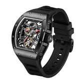 Men‘s automatic mechanical watch black warrior hollow design waterproof rubber strap stainless steel case luminous