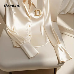 Satin Finish Shirts and Blouses Women OL Office Lady Long Sleeve Button Up Elegant Shirt French Solid Blouse Korean Tops Camisas