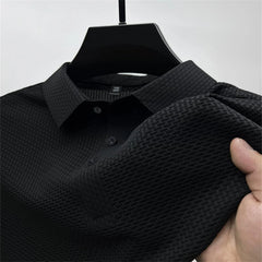 Hawaiian Men's Beach Style Fashion High-End Mesh Ice Silk Wrinkle Resistant Lightweight Breathable Button Check POLO Shirt