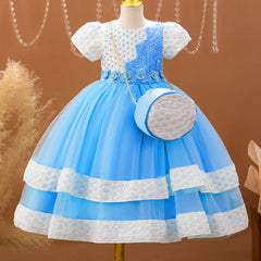 New Cute Girl Polka Dot Mesh Princess Dress Bubble Sleeves Beaded Sticker Wedding Flower Girl Birthday Party Dress with Bag