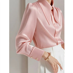 Spring Autumn Fashionable Satin Long Sleeve Blouse Ladies Fashion Buttons Solid Color Turn-down Collar Long Sleeve Shirts Tops