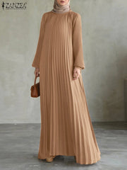 Fashion Women Long Lantern Sleeve Muslim Dress Abaya ZANZEA Autumn Spring Pleated Sundress Islamic Maxi Robe Dubai Hijab Dresses