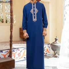 Muslim Fashion Abayas for Men Solid Color Embroidery Long Robe Men Jubba Thobe Saudi Arab Musulman Shirts Islamic Clothing