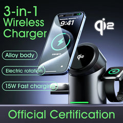 3 in 1 Wireless Charging Station for iPhone16/15/14/13/12 AirPods iWatch for Magsafe Rotation qi2 15W Fast Charging Station