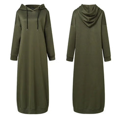 Women's Muslim Hoodie Solid Color Long Sleeve Casual Loose Dress Maxi Abaya Ghirba Dress Long Sweatshirt Vestidos Robe