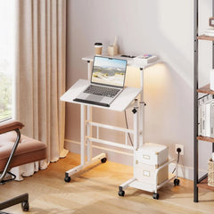 Height Adjustable Desk with Power Outlets & Strip Lights,Mobile Standing Laptop Desk Rolling Sit-Stand Computer Desk with Wheels