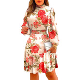 Fasion Sweet Floral Print Dress Ruffle Turtleneck Maxi Long Sleeve Fresh & Style Summer Elegant Mid-Length Dresses For Women