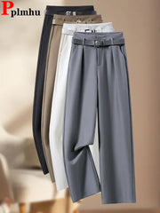 Female Formal Straight Suit Pants Women Office High Waist Wide Leg Pantalones With Belt Spring Fall Korean Casual Loose Calca