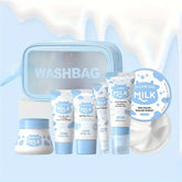 Milk Skin Care Set for Christmas Gift, Facial Cleanser & Body Scrub & Hand Wax & Eye Cream & Sunscreen & Storage Bag