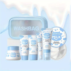 Milk Skin Care Set for Christmas Gift, Facial Cleanser & Body Scrub & Hand Wax & Eye Cream & Sunscreen & Storage Bag