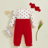Newborn Baby Girls Valentine's Day Outfits Love Heart Pattern Crew Neck Long Sleeve Rompers with Bow Headband 2 Pcs Set