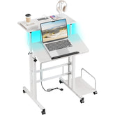Height Adjustable Desk with Power Outlets & Strip Lights,Mobile Standing Laptop Desk Rolling Sit-Stand Computer Desk with Wheels