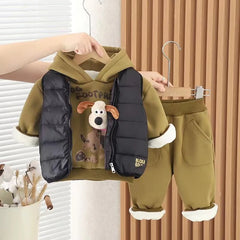 Boys and Girls Thickened Suit Winter Children's Velvet Vest Hoodies Pants Three-piece Set Hooded Clothes Winter Fashion