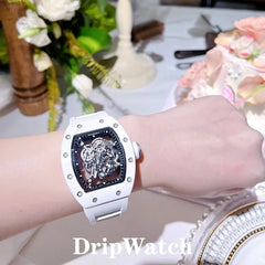 2025 latest cool white ice same wine barrel type skeleton quartz wristwatch men's watch