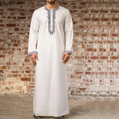 Muslim Fashion Abayas for Men Solid Color Embroidery Long Robe Men Jubba Thobe Saudi Arab Musulman Shirts Islamic Clothing