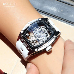 Men's Automatic Mechanical Watch with Stainless Steel Case Silicone Band Skeleton Dial Waterproof Sport Wristwatch