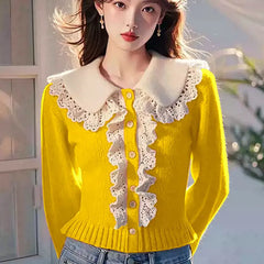 Women Sweet Solid Lace Turn-down Collar Eelegant Fashion Sweaters Autumn Winter Knitted Jumper Ruffles Loose Pullover Knitwear