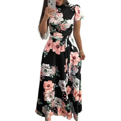 Summer New Women's Luxury Sexy Retro Fashion Round Neck Mid Waist Casual Comfortable Flower Printed Large Swing Dress
