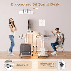 Height Adjustable Desk with Power Outlets & Strip Lights,Mobile Standing Laptop Desk Rolling Sit-Stand Computer Desk with Wheels