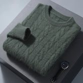 Men Round Neck Cashmere Sweater Cable Knitting Smart Casual Pullover 100% Mink Cashmere Knitwear High Quality Top