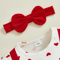 Newborn Baby Girls Valentine's Day Outfits Love Heart Pattern Crew Neck Long Sleeve Rompers with Bow Headband 2 Pcs Set