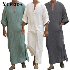 Men Long Linen Jubba Thobe Kaftan Muslim Arab Islamic V-neck Long Sleeve Solid Cotton Linen Robe Muslim Arabia Man Abaya