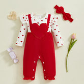 Newborn Baby Girls Valentine's Day Outfits Love Heart Pattern Crew Neck Long Sleeve Rompers with Bow Headband 2 Pcs Set