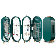 Foldable Earring Holder Jewellery Organizer Storage Box with Mirror, 4-Layer Dustproof Earring Necklace Display Stand Jewelry Box