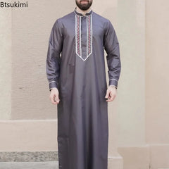 Muslim Fashion Abayas for Men Solid Color Embroidery Long Robe Men Jubba Thobe Saudi Arab Musulman Shirts Islamic Clothing