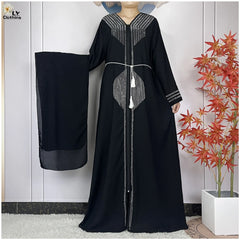 Muslim Abaya For Women Long Sleeved Chiffon Diamonds Loose Fit Femme Robe Islam Maxi Dubai Fashion Party Dresses With Scarf