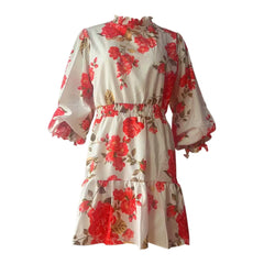 Fasion Sweet Floral Print Dress Ruffle Turtleneck Maxi Long Sleeve Fresh & Style Summer Elegant Mid-Length Dresses For Women