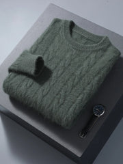 Men Round Neck Cashmere Sweater Cable Knitting Smart Casual Pullover 100% Mink Cashmere Knitwear High Quality Top