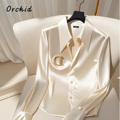 Satin Finish Shirts and Blouses Women OL Office Lady Long Sleeve Button Up Elegant Shirt French Solid Blouse Korean Tops Camisas