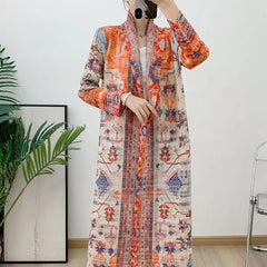 abaya long trench coat miyake women's Arab style elegant wrinkled loose large size printed Middle East cardigan robe tide