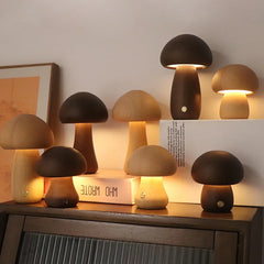 Wooden Mushroom Night Light with Touch Control on Bedside Table