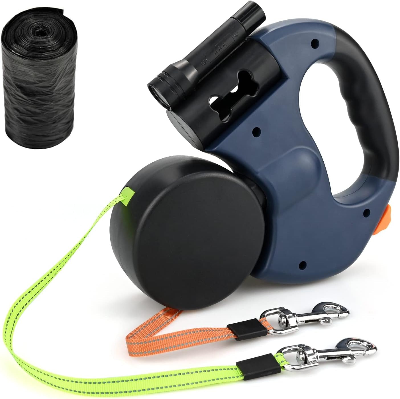 Double Retractable Dog Lead, Reinforced Extendable with Non-Slip Handle Dog Lead with LED Light and Rubbish Box for Walking 2 Dogs, 360° Tangle-Free Strong Nylon Band, One-Hand Brake (Blue)