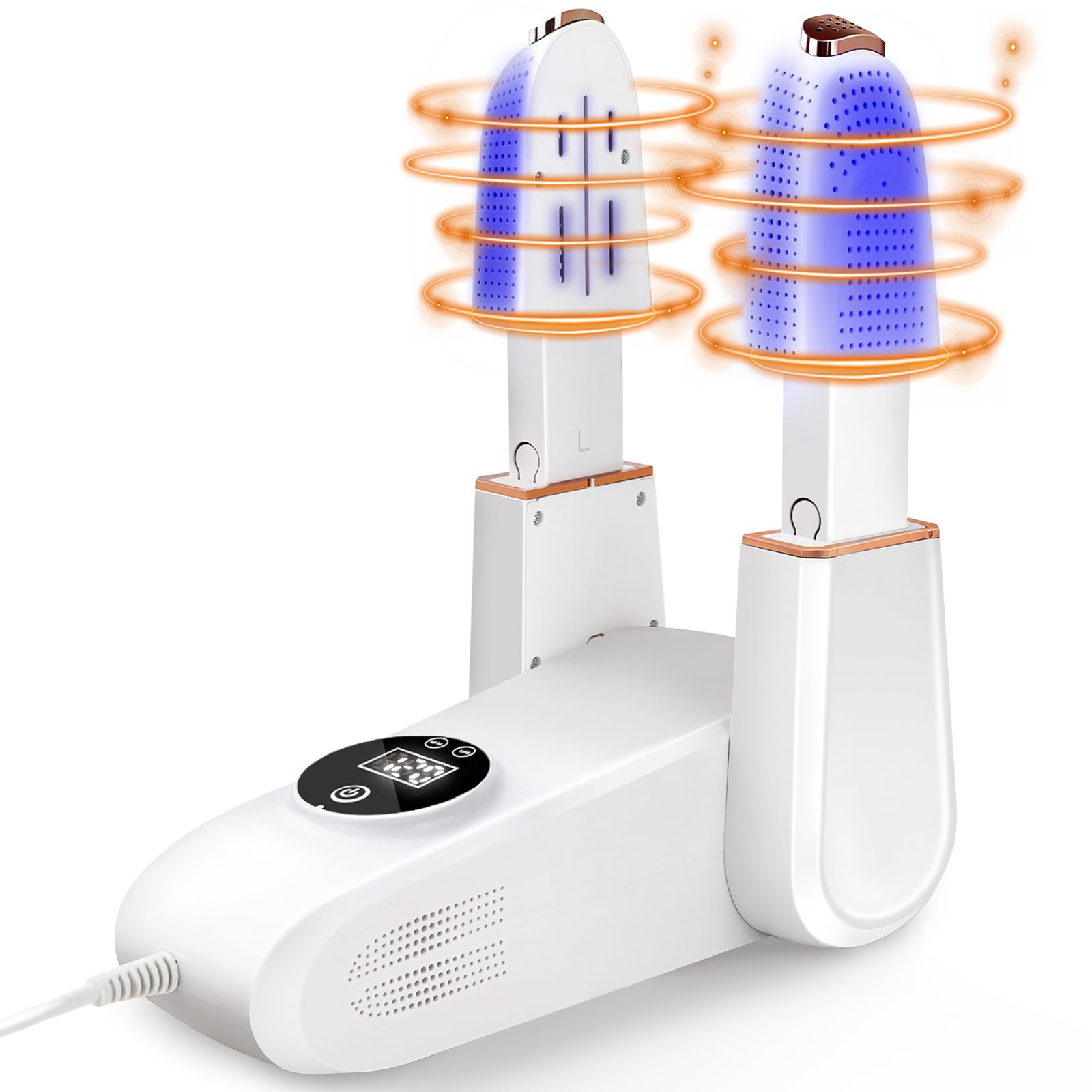 Close-up view of the electric shoe dryer with digital timer display showing 120 minutes.