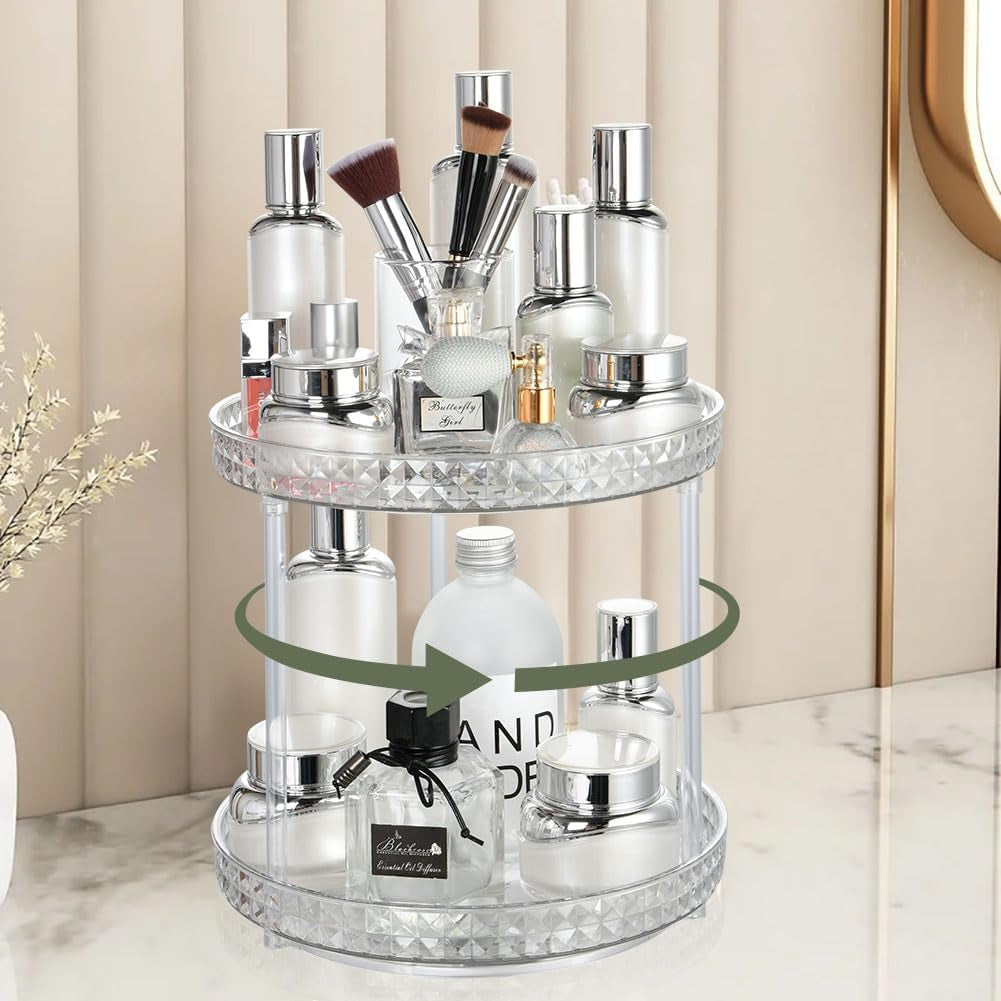 360° Rotating Makeup Organizer for Vanity, 2 Tiers Bathroom Countertop Organizer, Large Capacity Skincare Organizer for Lipstick Perfume, Spinning Cosmetics Organizer for Dresser Bedroom, White