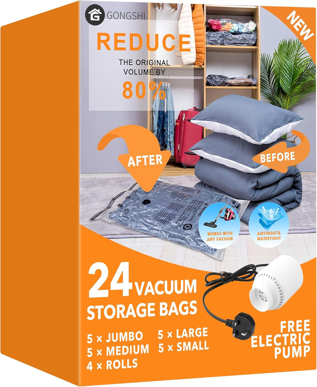 24 Pack Vacuum Storage Bags with Electric Pump, (5 Jumbo, 5 Large, 5 Medium, 5 Small, 4 Roll up Bags) Space Saver Bag for Clothes, Mattress, Blanket, Duvets, Pillows, Comforters,Travel