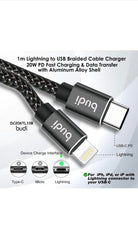 Budi 20W PD Fast Charge Braided Thunderbolt 1M or USB C to Lightning Connector Cable for fast charging with Aluminum Alloy Shell - 18W,20W, 30W,or 60W USB-C Power Adapter Adaptable for Apple devices