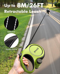 Retractable Dog Leash with Poo Bag Holder, 2025 New 8M Dog Lead with 360° Tangle-Free Extended, One-Handed Brake,Pause, Lock, Green
