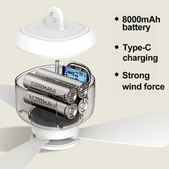 8000mHA Portable Ceiling Fan With LED Light & Remote Control Outdoor Camping Tent Hanging Fan USB Rechargeable Electric Fan